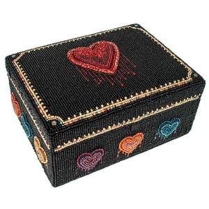 Mary Frances Love All Around Glass Beaded Black Geometric Box Blue Red Hearts NW